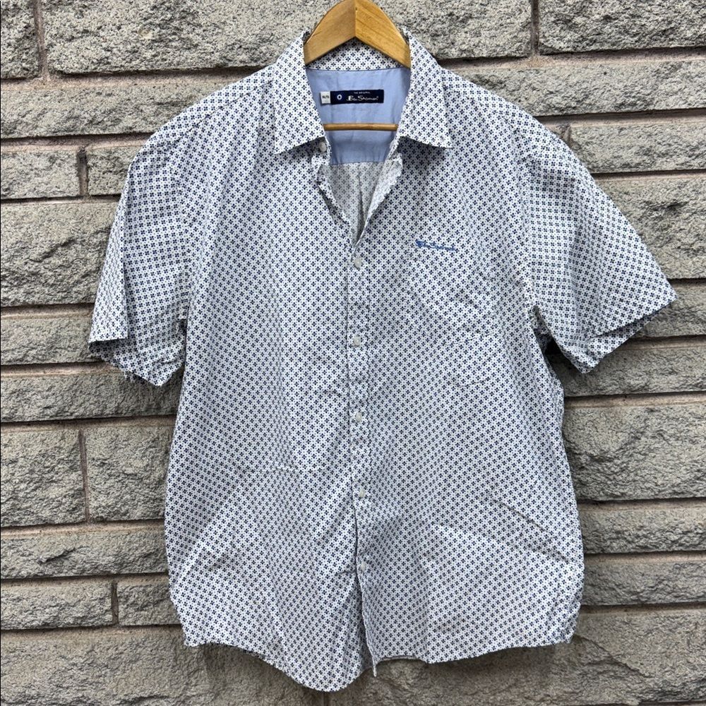 Ben Sherman Men's White and Blue Patterned Shirt Sz XXL
